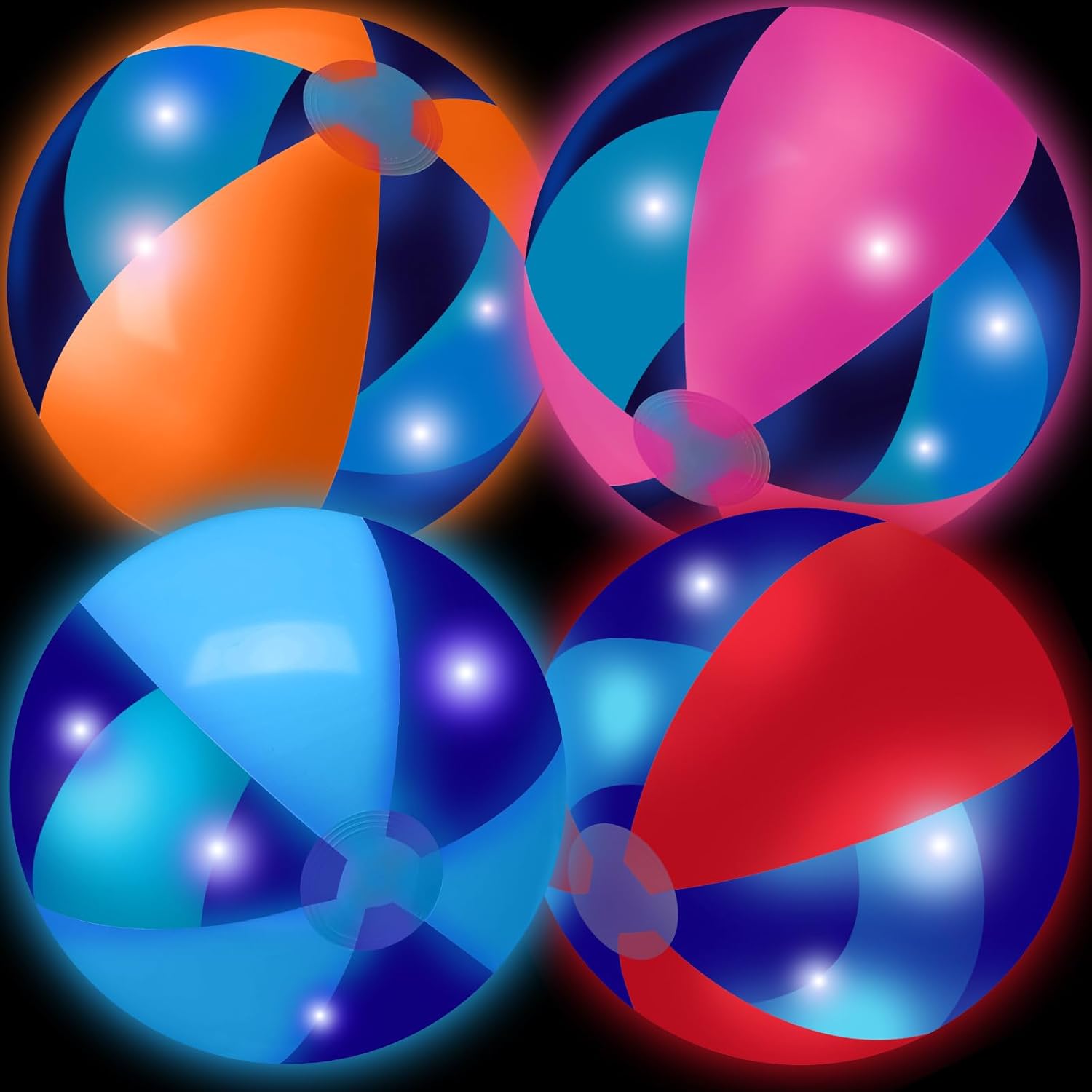MiniInflat Light Up Beach Balls front view showing vibrant glowing colors during a nighttime pool party.
