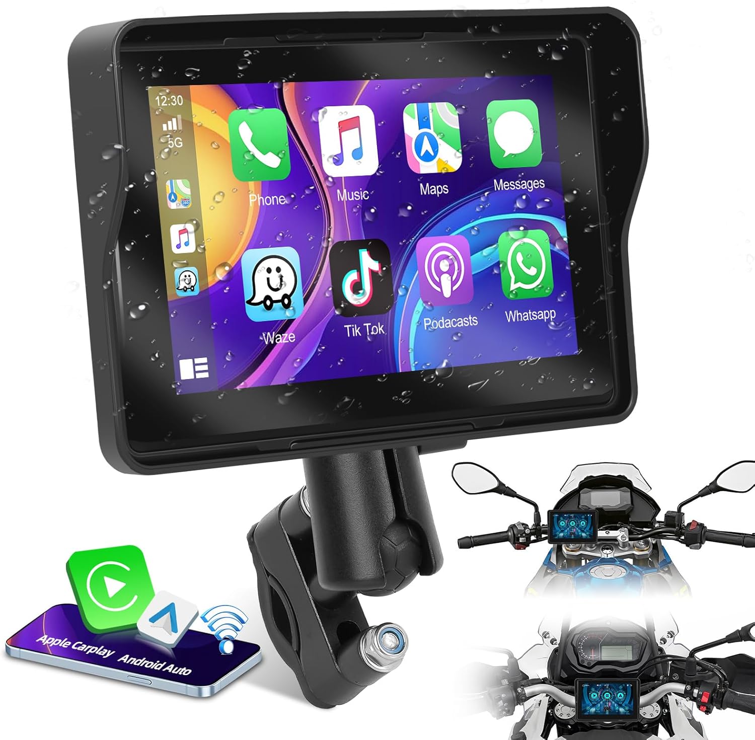 Podofo motorcycle wireless Apple CarPlay screen front view mounted on a handlebar