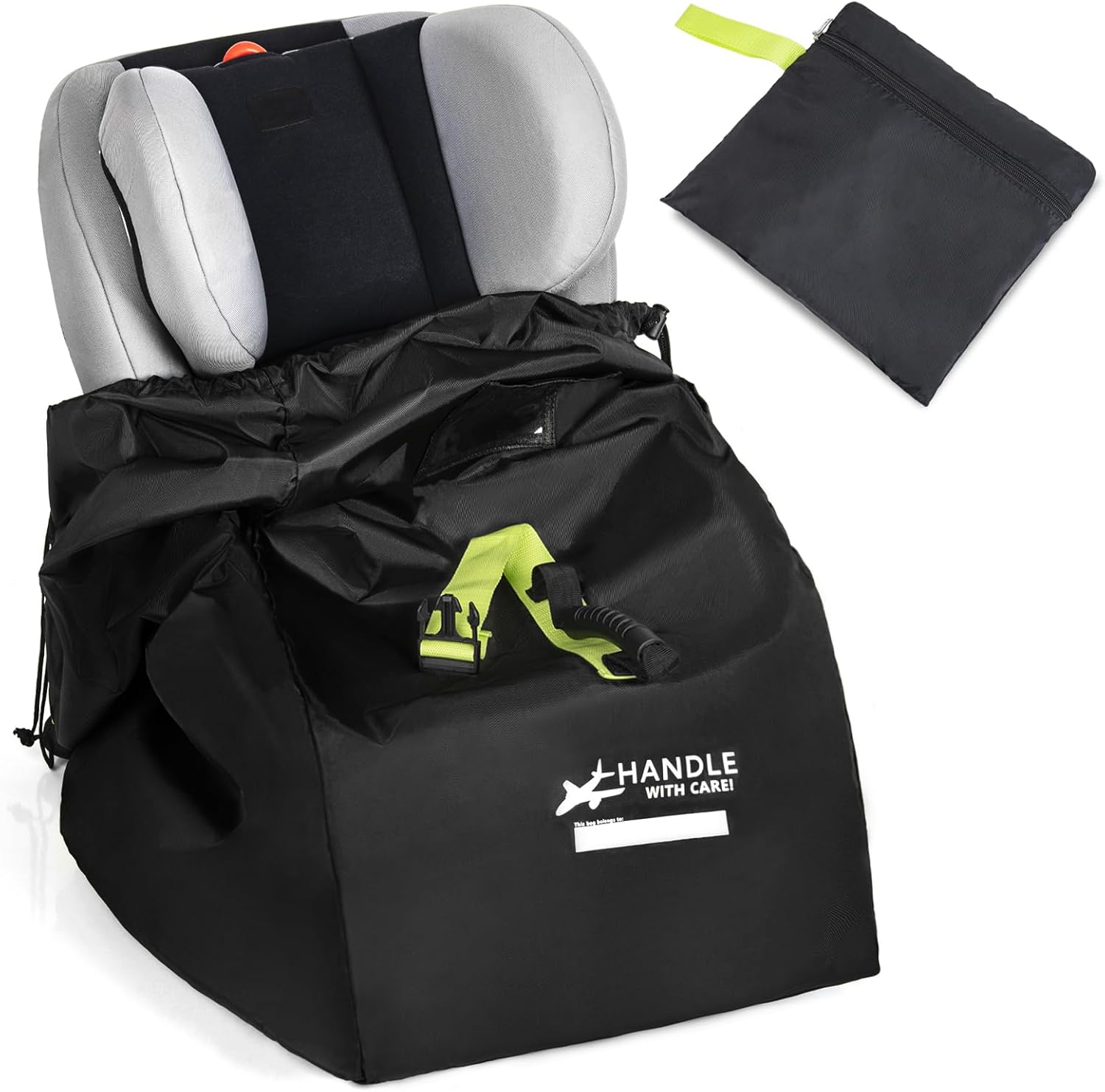 LASUK car seat travel bag front view showing waterproof black material with green accents.