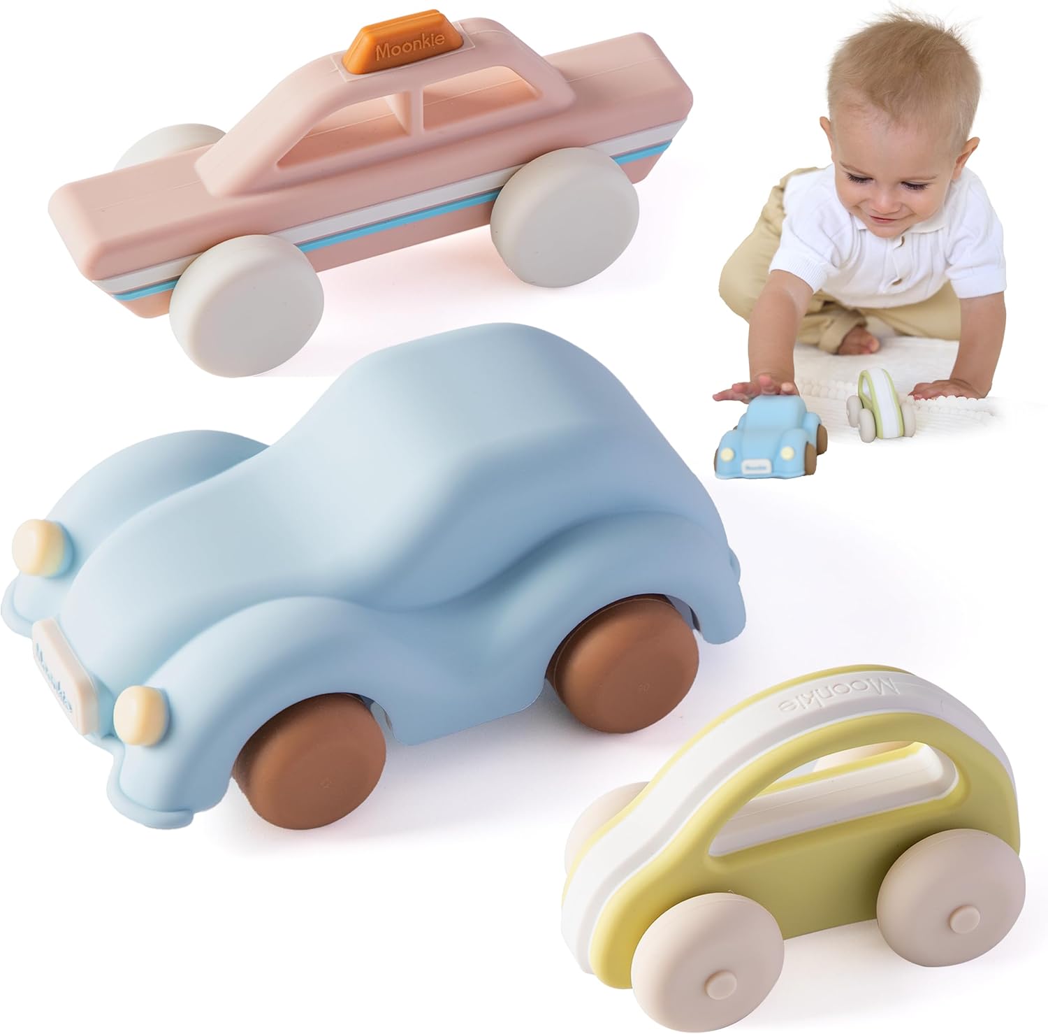 Moonkie Roll and Go Silicone Toy Car Set front view of three colorful baby vehicles.