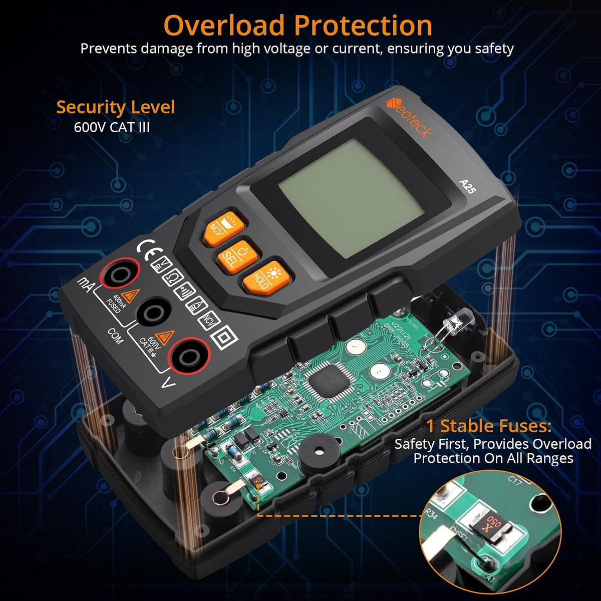 Neoteck multimeter test probes connected for circuit testing