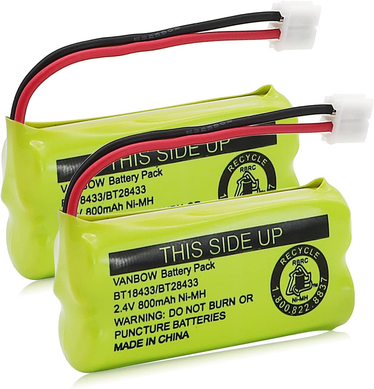 VANBOW BT18433 cordless phone replacement battery pack front view showing the 2-pin white connector