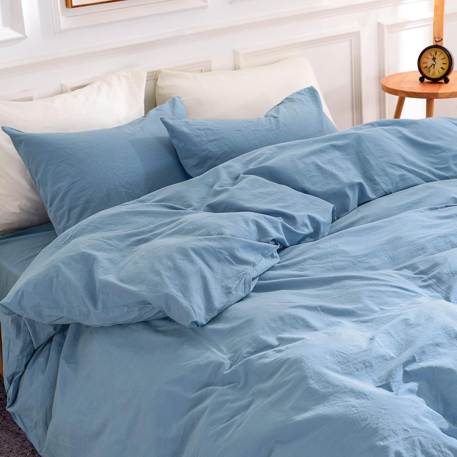 NEXHOME PRO kids twin size washed cotton duvet cover set blue front view on a styled bed
