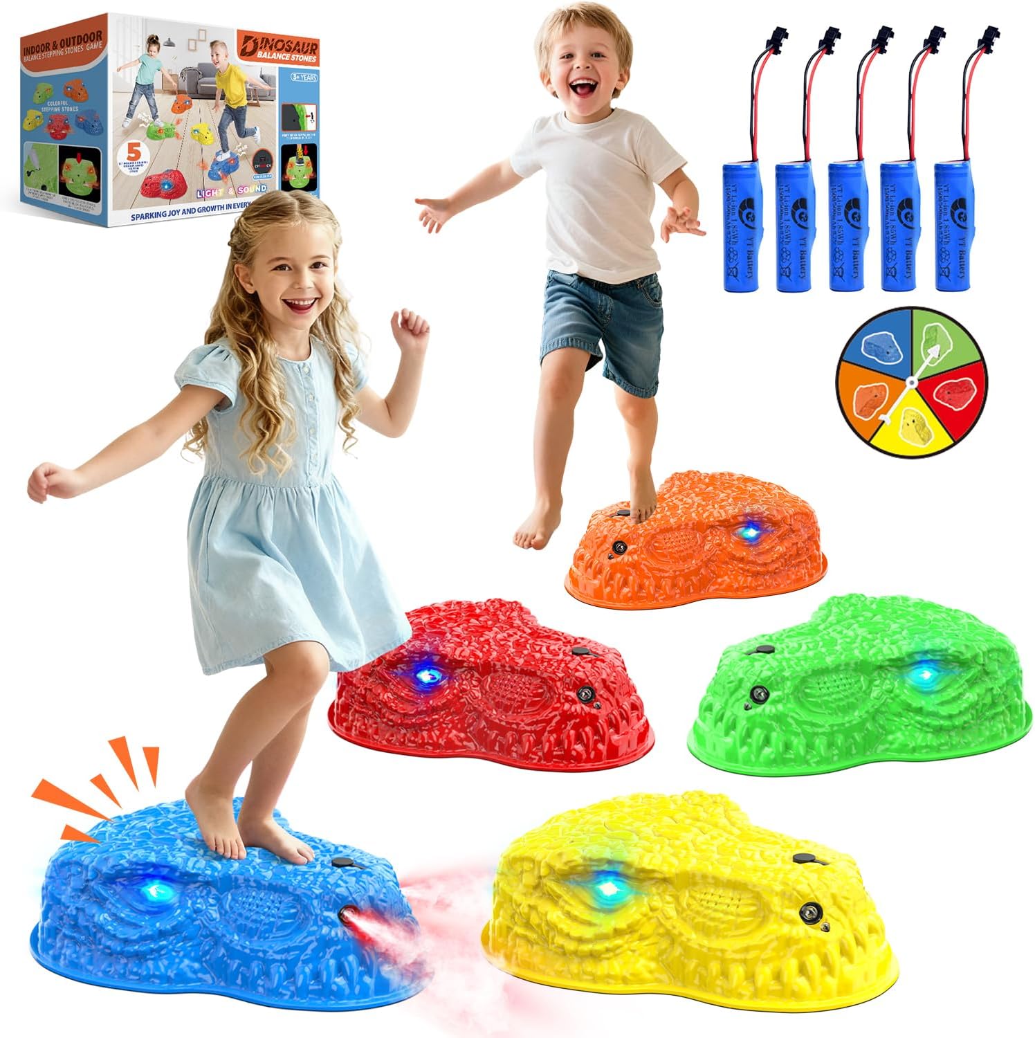 Yee By One dinosaur stepping stones with LED lights and mist.