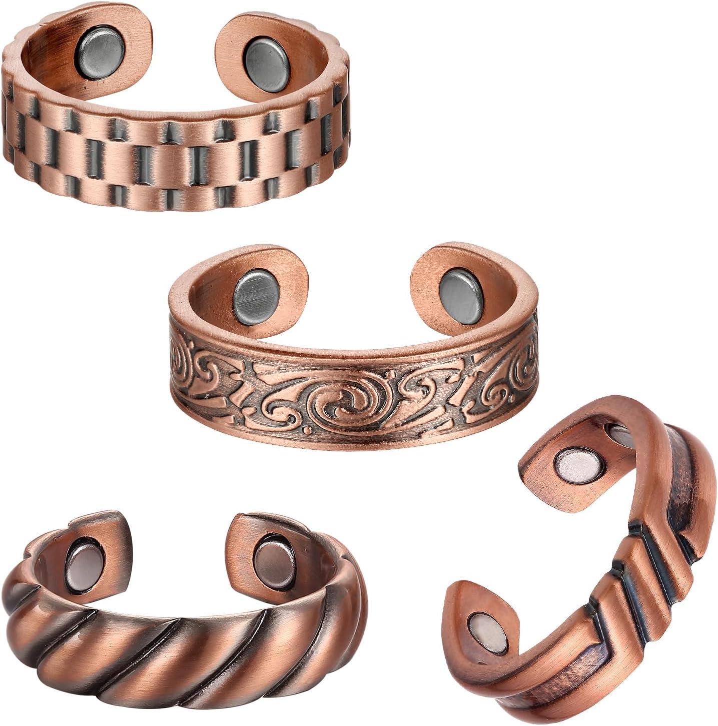 Fashtour 4 Copper Rings for Men, 99.9% Pure Copper Magnetic Rings, Vintage Pattern Adjustable Cuff Ring - Image 1