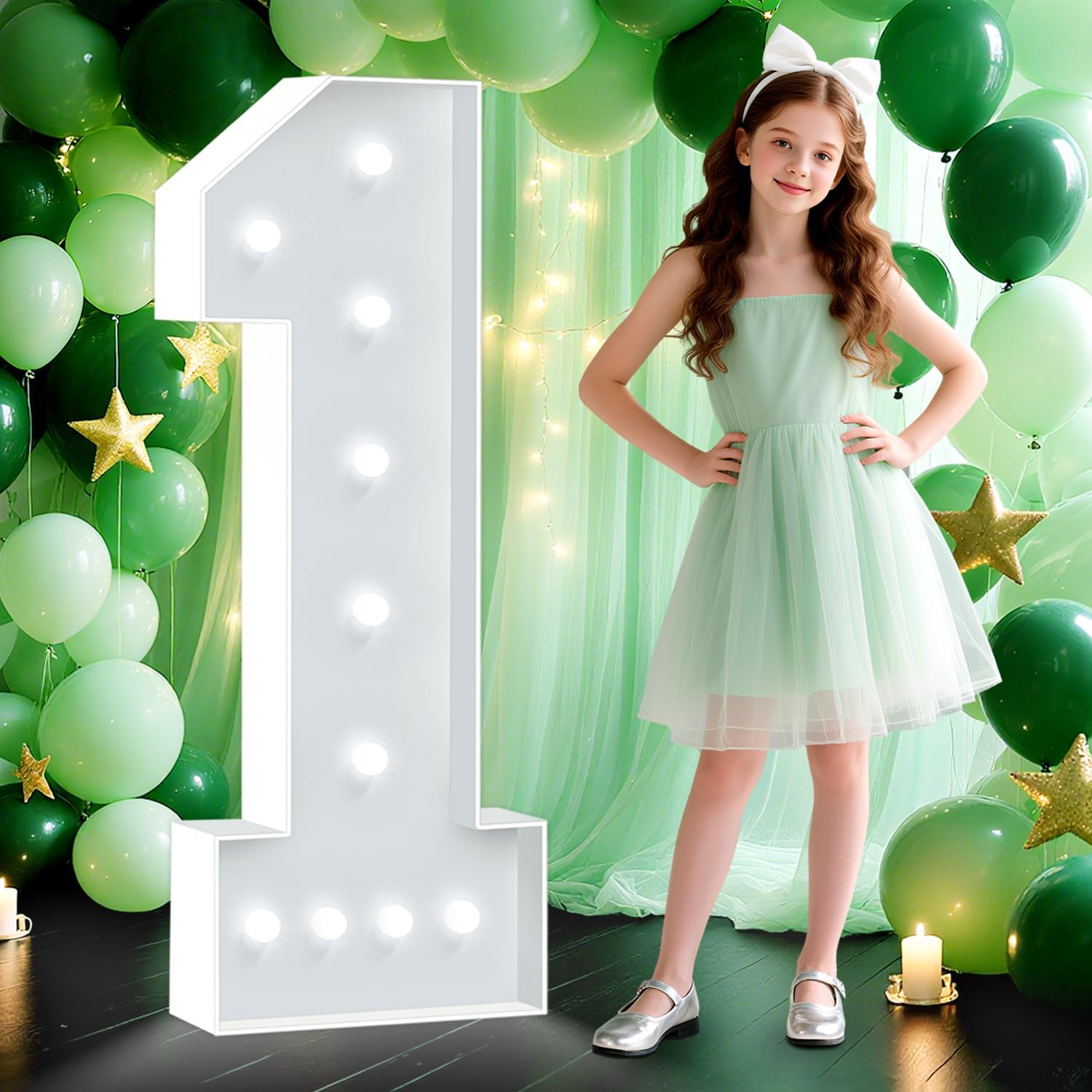 HITINO marquee number 1 front view standing next to a green balloon garland backdrop.