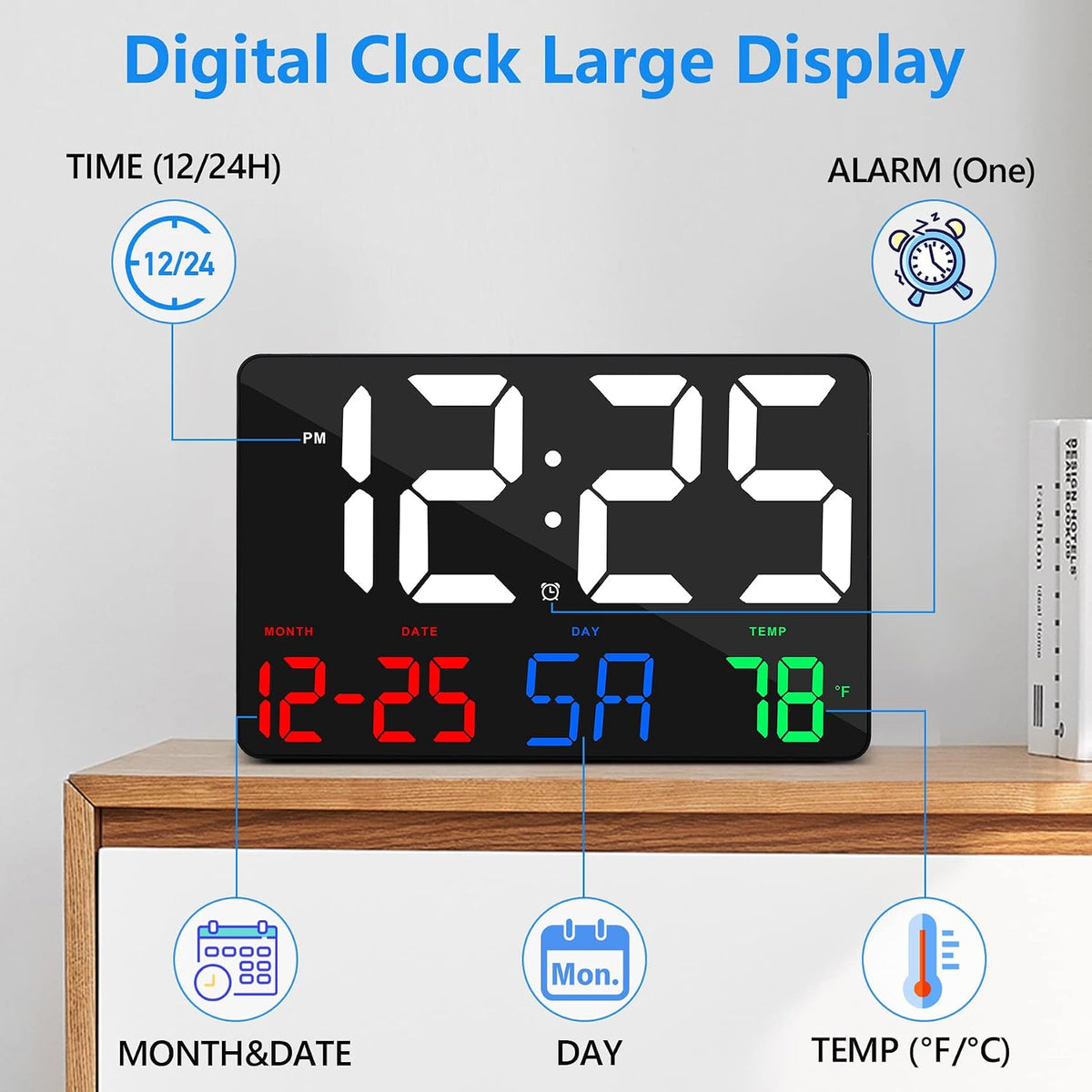 Digital Wall Clock,11.5" LED Digital Alarm Clock Large Display,with Remote Control,Adjustable Brightness, Calendar, Temperature, Snooze, 12/24 H, for Living Room, Office, Bedroom, Elderly, Adults Set - Image 5
