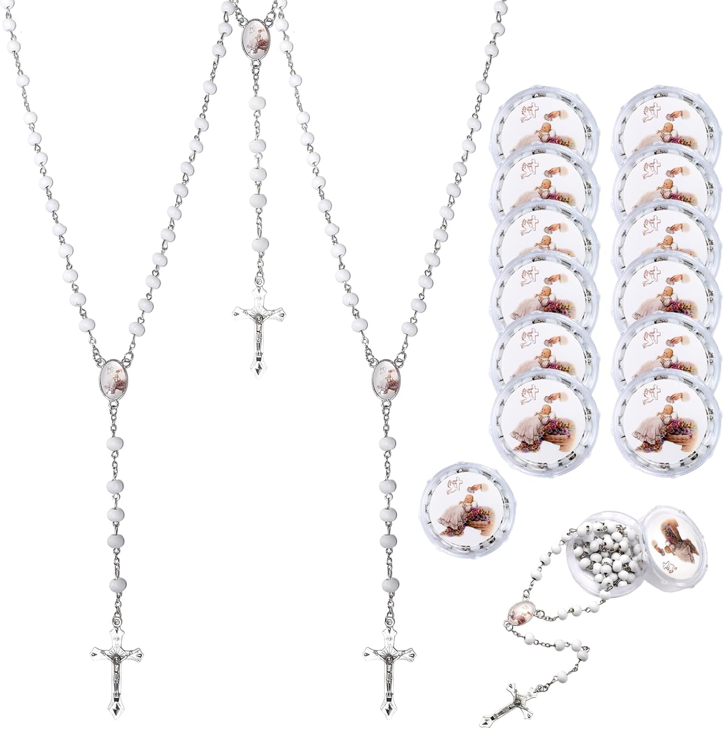 Brilucky guardian baby angel scented rosaries twelve count package front view showing individual circular gift boxes.