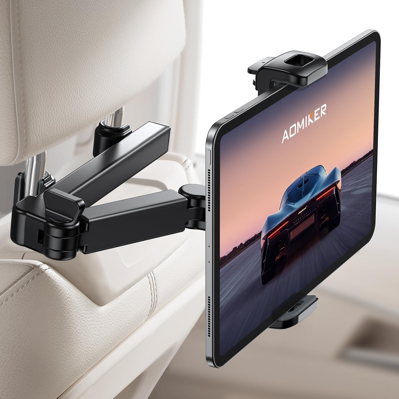 Aomiker iPad Holder Car Headrest front view showing the stretchable aluminum arm and black tablet bracket mount.