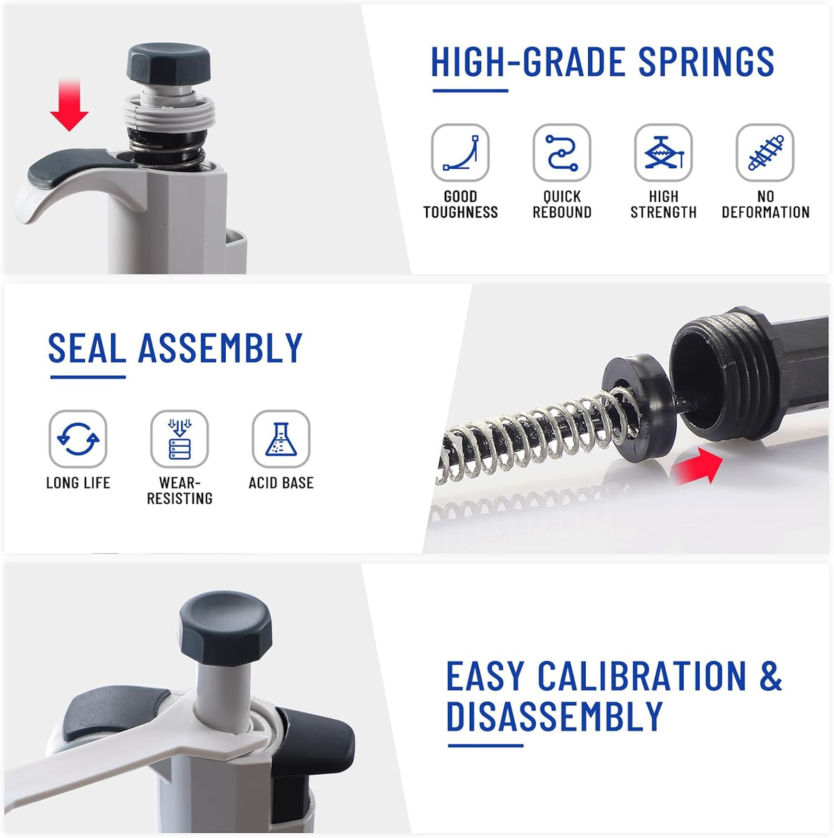 eLabPal high precision pipettor ergonomic handle and plunger mechanism