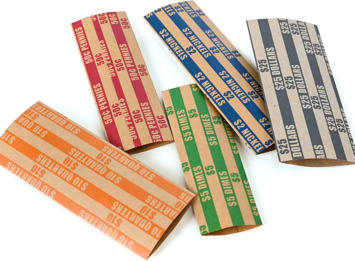 Assorted flat coin wrappers laid out flat