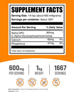 BulkSupplements Alpha GPC Powder nutritional facts panel detailing the 600mg per serving profile.