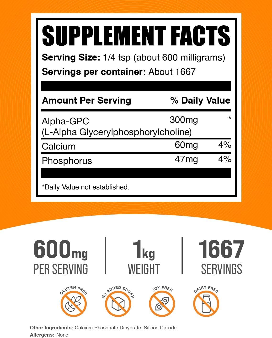 BulkSupplements Alpha GPC Powder nutritional facts panel detailing the 600mg per serving profile.