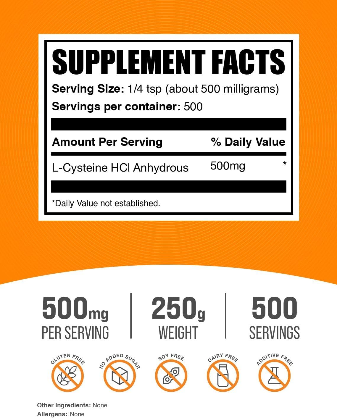 BulkSupplements L-Cysteine amino acid supplement powder nutrition facts and ingredients label