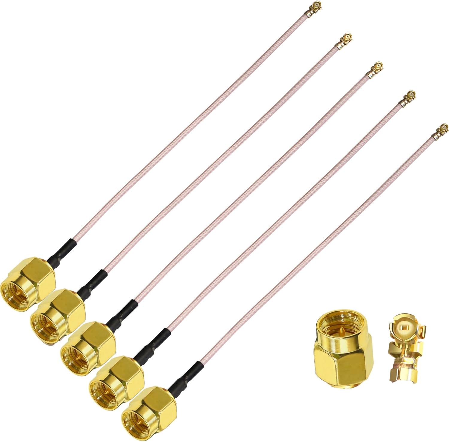 Tuolnk SMA male to IPX coaxial cable front view displaying five individual gold-plated pigtail extensions.