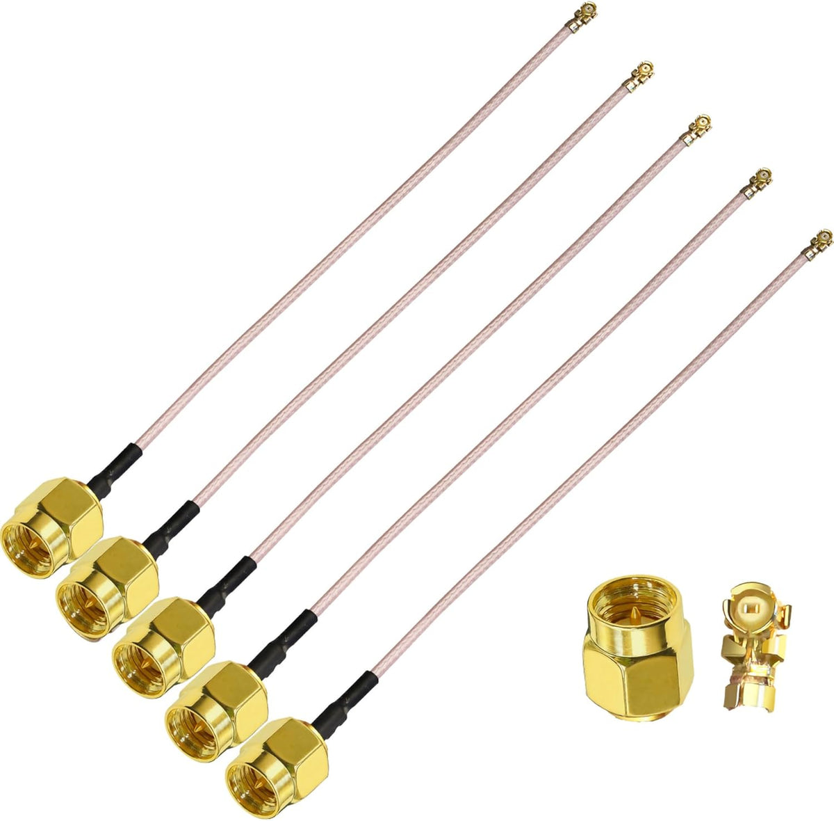 Tuolnk SMA male to IPX coaxial cable front view displaying five individual gold-plated pigtail extensions.