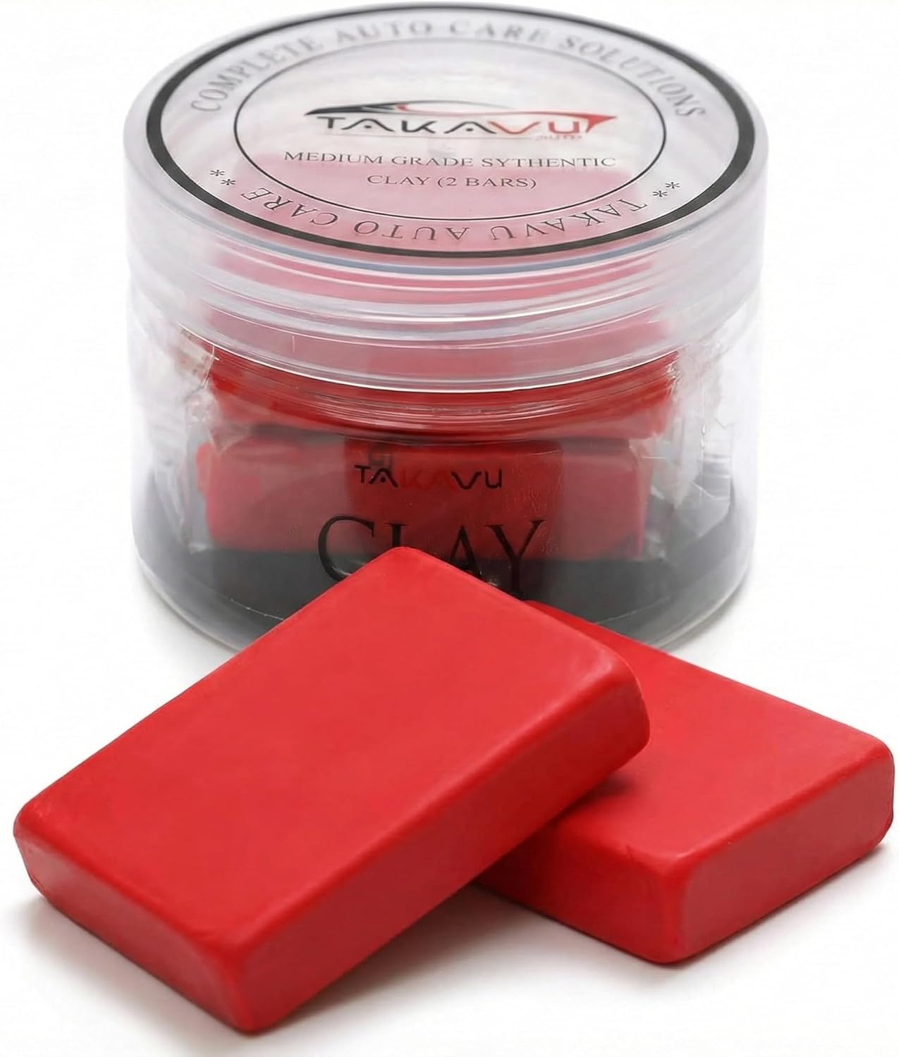 TAKAVU Car Clay Bars Auto Detailing Two Pack front view showcasing the red medium grade clay bars inside the storage jar