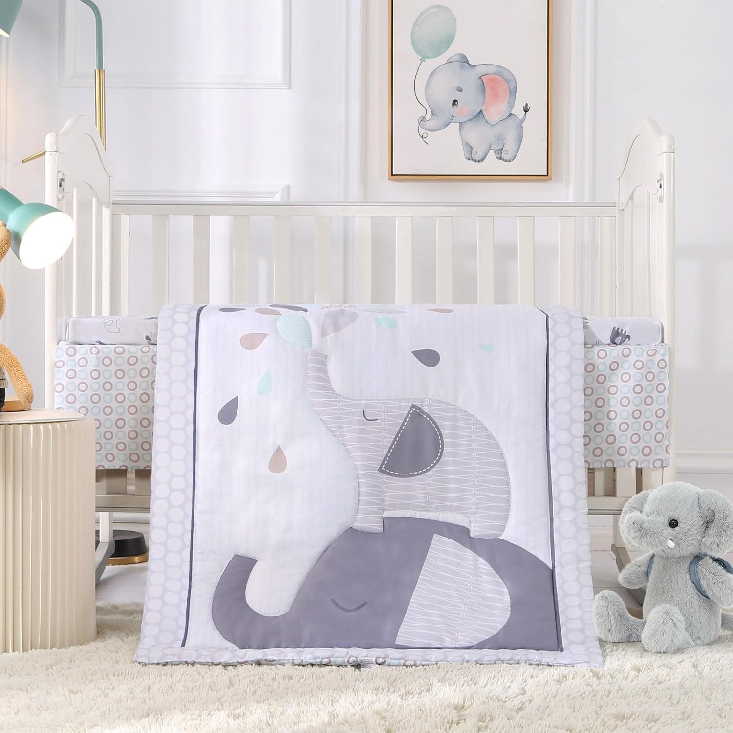Wowelife premium three piece elephant baby crib bedding set front view with gray comforter sheet and skirt