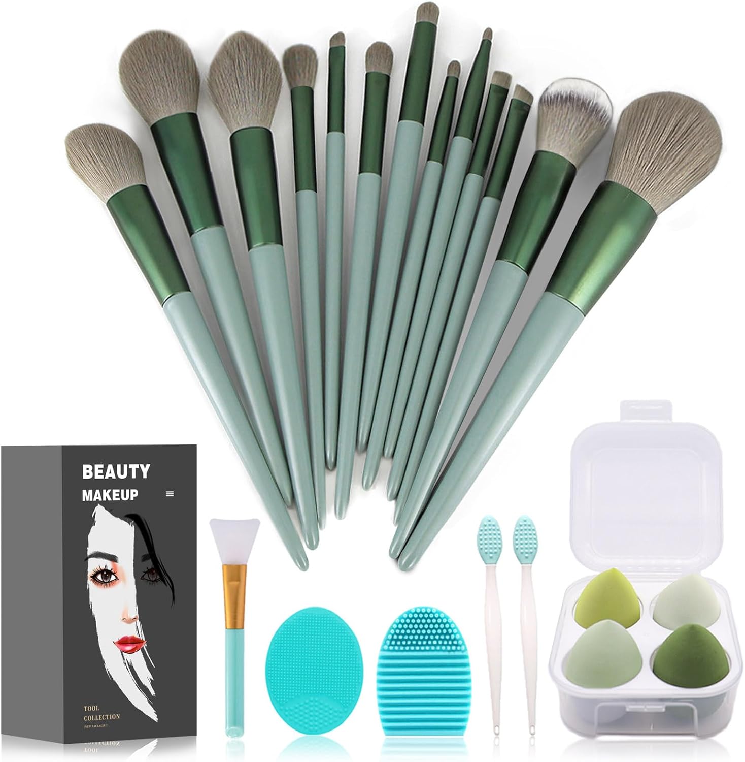 Koccido twenty two piece makeup kit front view featuring green handled foundation and eyeshadow brushes arranged neatly.