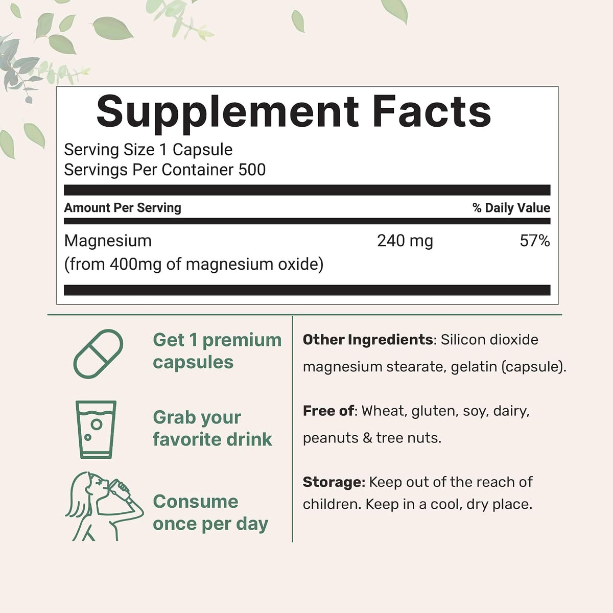 Micro Ingredients Magnesium Oxide 500 count label supplement facts
