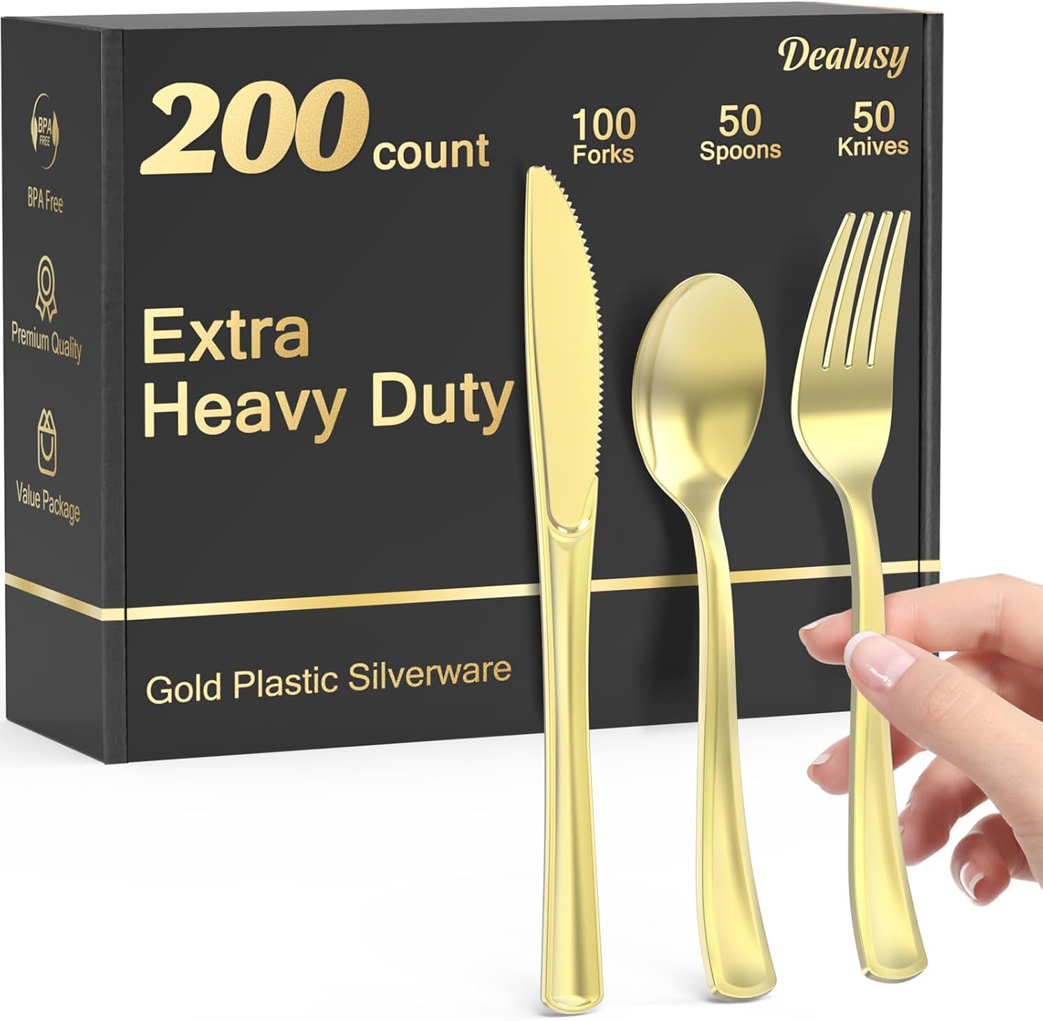 Dealusy 200 count gold plastic silverware set front view for wedding catering.