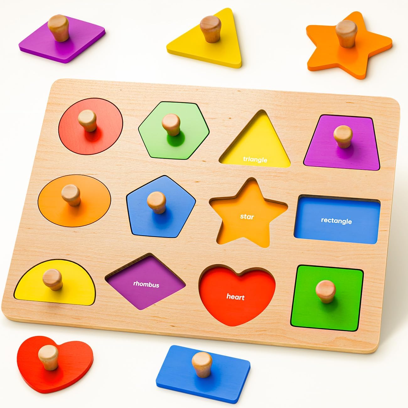 SYHLN wooden shape peg puzzle front view showing twelve colored pieces with large knobs