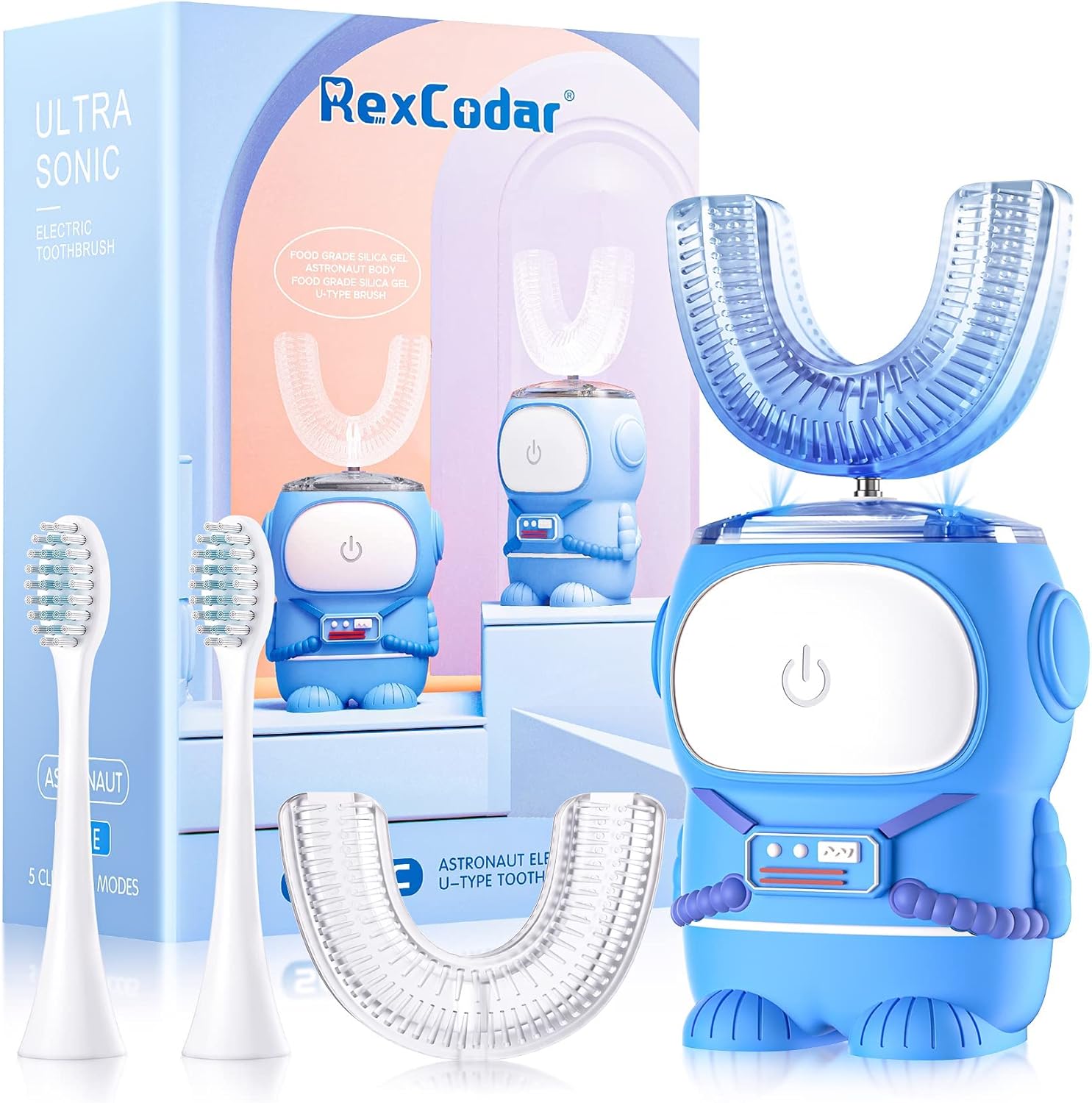 RexCodar Ultrasonic Kids U-Shaped Electric Toothbrush blue astronaut front view for plaque removal