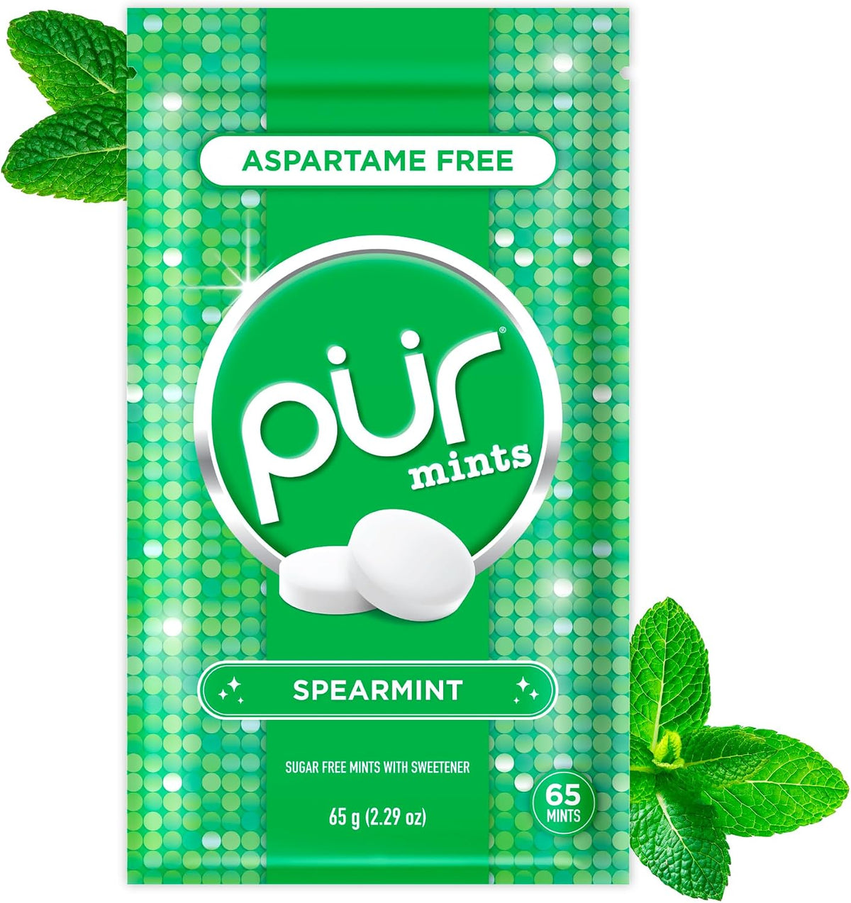 PUR Spearmint Xylitol Mints showing the individual round mints
