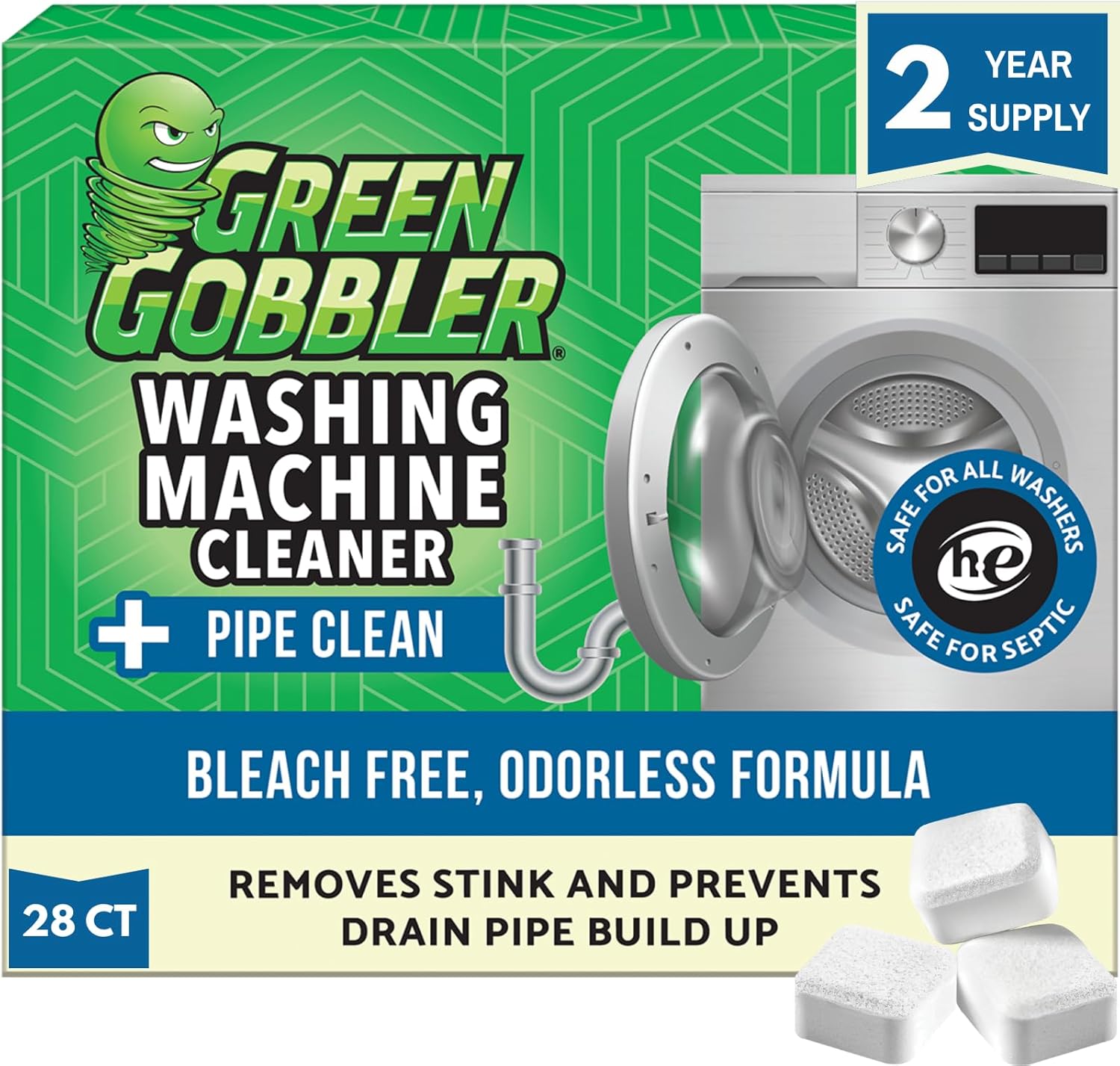 Green Gobbler Premium Washing Machine Cleaner 28 Count front view for laundry maintenance.