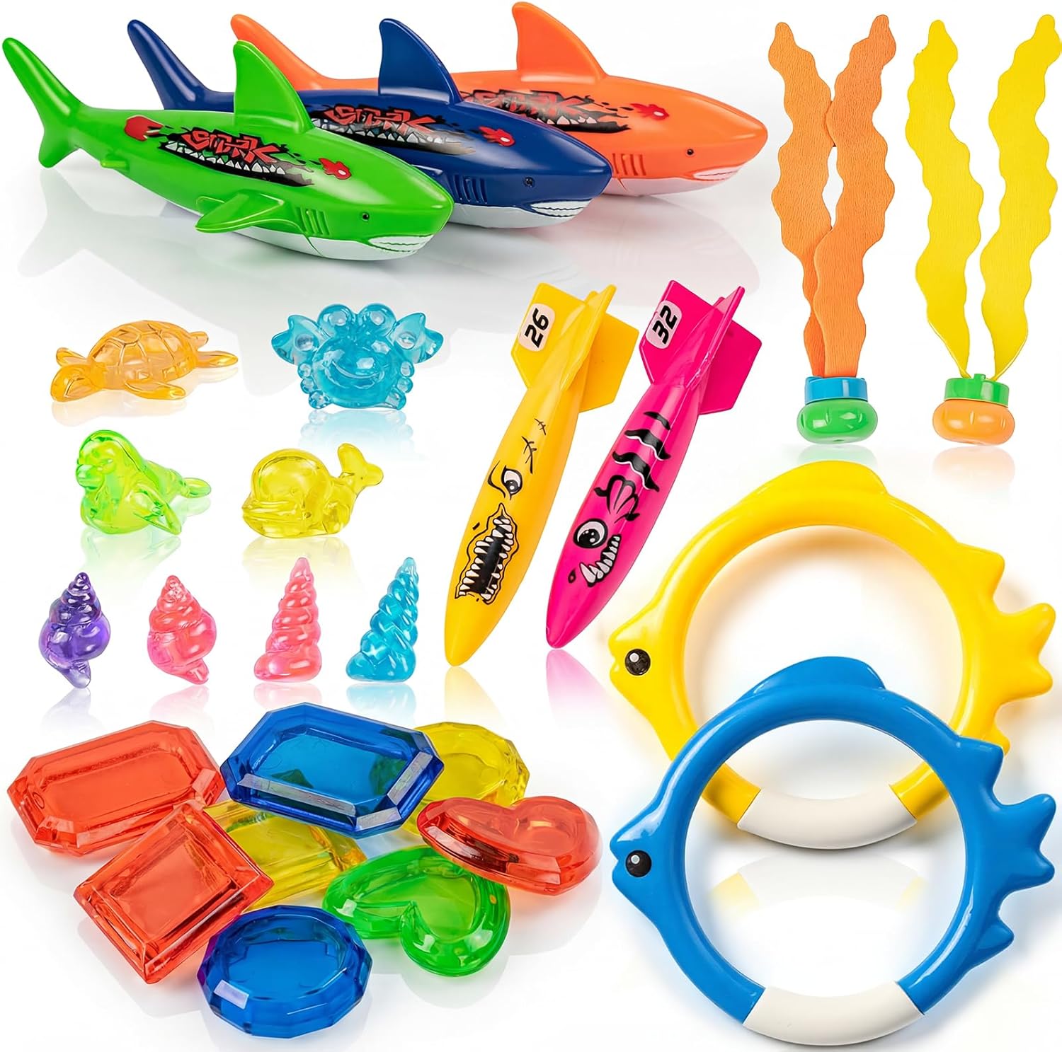 Cozycharm pool toys for kids front view of twenty six piece diving set spread out near water
