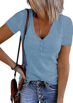 MEROKEETY Womens 2026 Summer Short Sleeve Tops Casual T Shirts | V Neck, Ribbed Knit, Henley, Button Down, Trendy Fashion Basic Tee Shirts Blouses, Going Out Outfits Clothes - Image 13