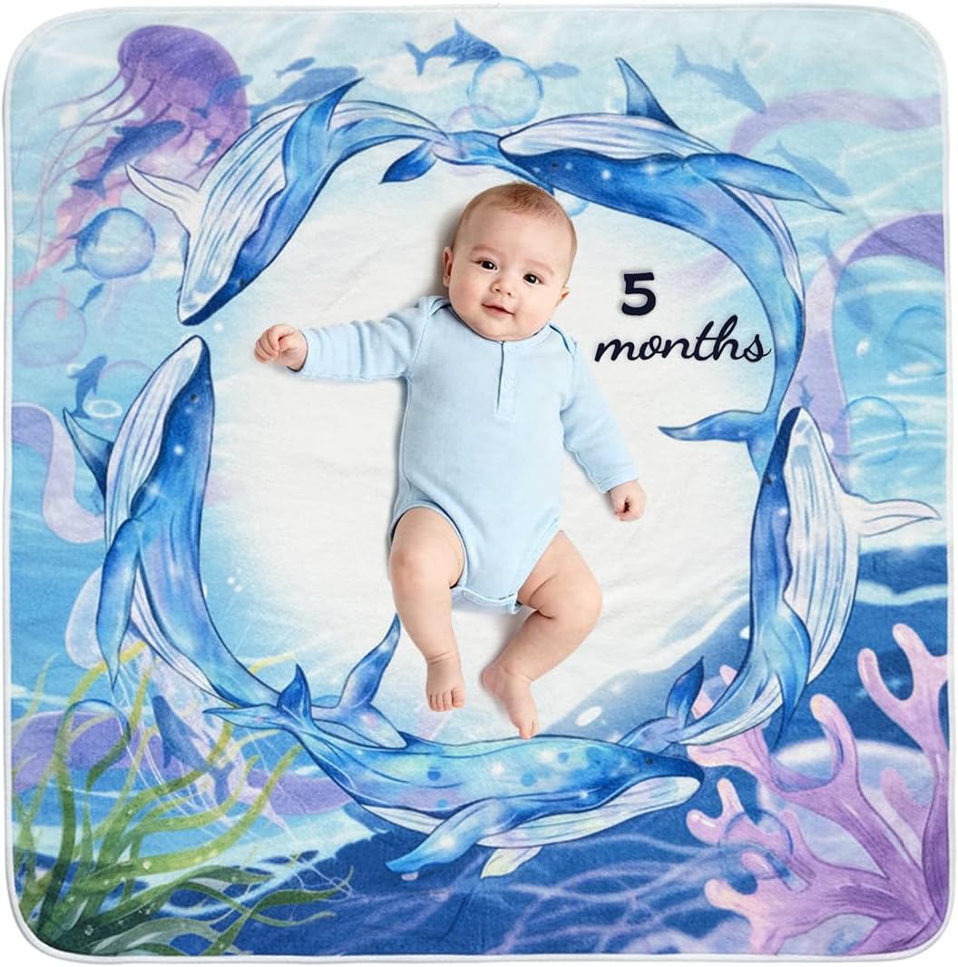 JIX SDFFAY baby monthly milestone blanket front view featuring colorful whale pattern photography background