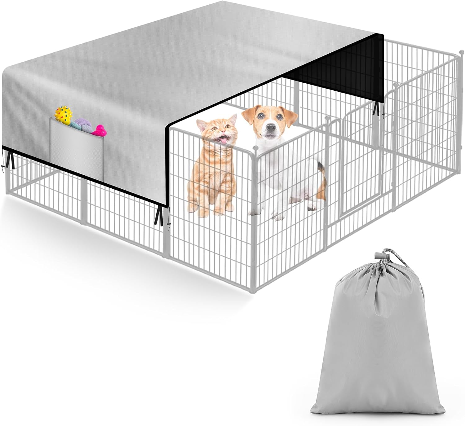 Patelai dog playpen cover front view showing silver reflective top on outdoor pet enclosure.