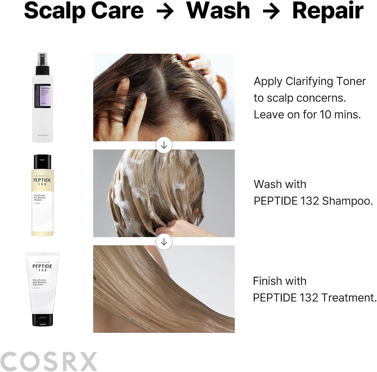 COSRX AHA BHA Clarifying Treatment Toner 150ml bottle for scalp exfoliation.