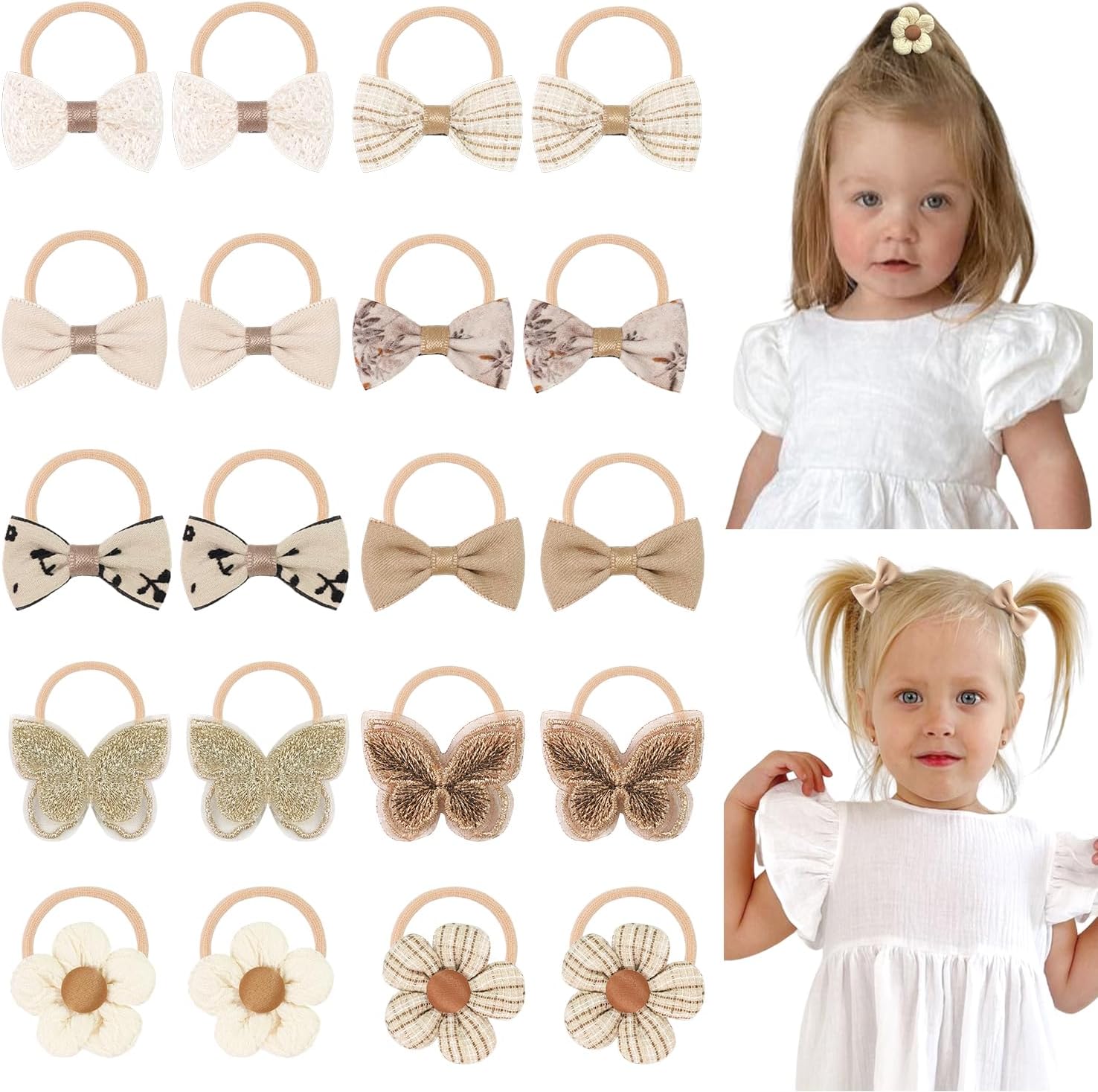 Styledose DED baby hair ties with linen bows front view displaying ten pairs of brown series elastic ponytail holders