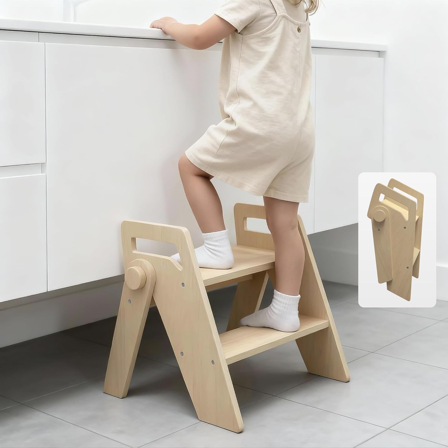 LOHASOK wooden two step stool for kids front view for bathroom potty training