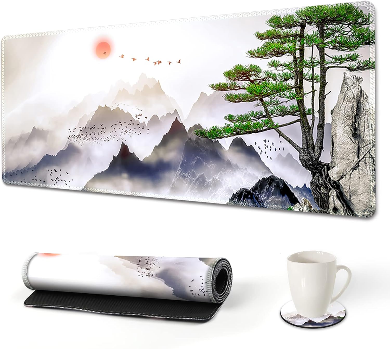 AIMSA extended gaming mouse pad front view showcasing pine tree mountains landscape design.