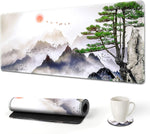 AIMSA extended gaming mouse pad front view showcasing pine tree mountains landscape design.