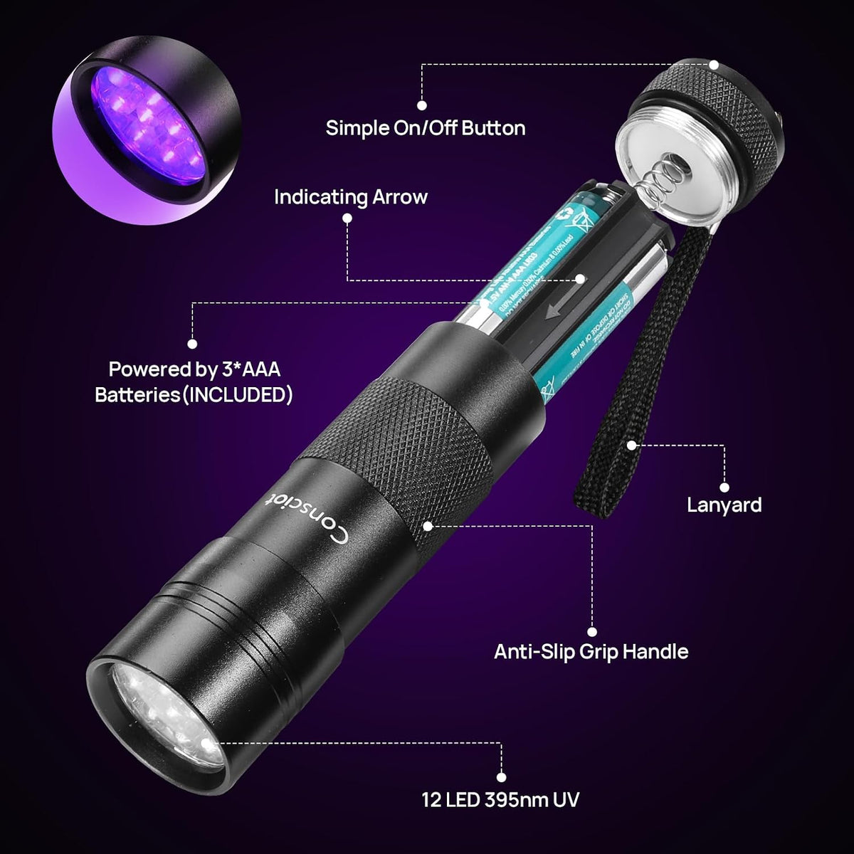 Consciot 12 LED ultraviolet blacklight torch close up