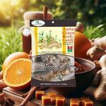 Natural sweet and spicy ginger confections arranged next to the official product packaging.