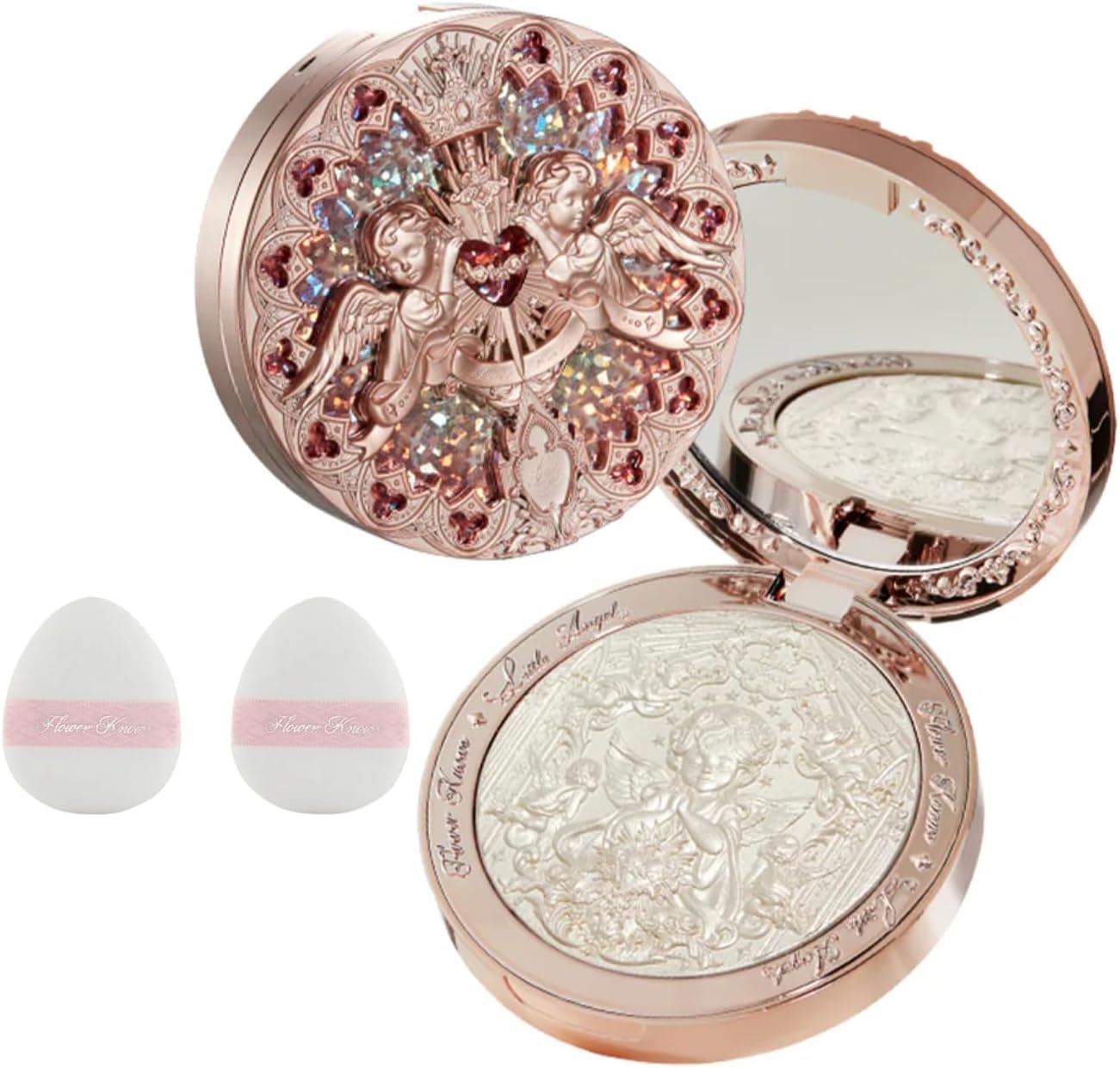 Flower Knows Little Angel Embossed Highlighter L03 front view showing intricate medieval cherub design on rose gold compact case.