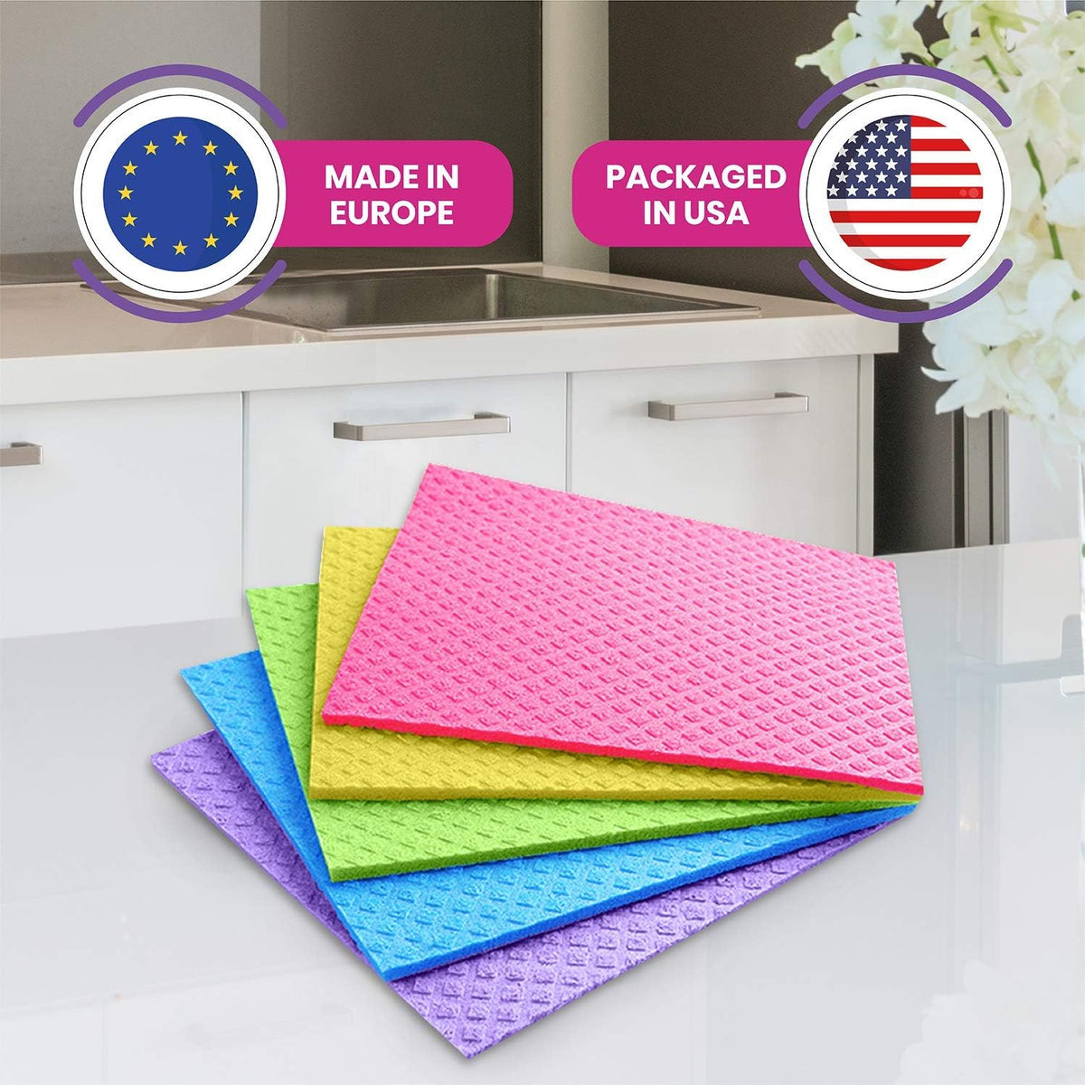 Assorted colors of reusable cellulose kitchen towels