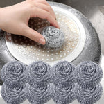 Hotiary stainless steel scrubber eight count pack showing front view of the rust proof heavy duty kitchen cleaning wire balls.