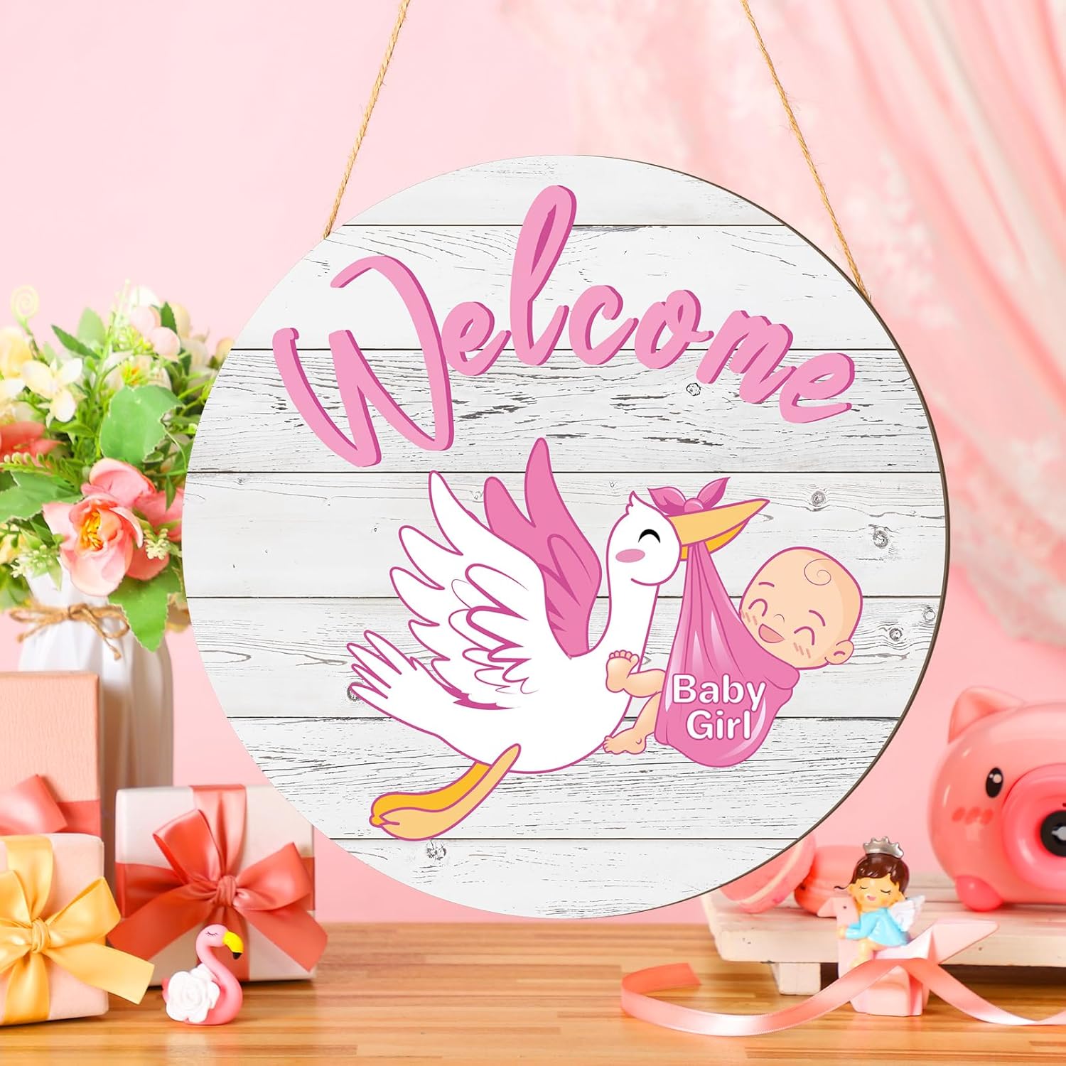 Chunful baby girl welcome door sign front view for rustic farmhouse porch decoration