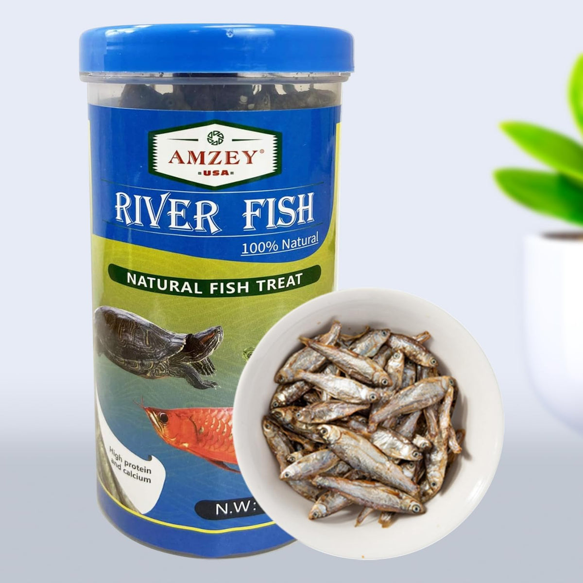 Amzey Dried River Fish Two Point Three Ounce container front view showing natural turtle and reptile food.