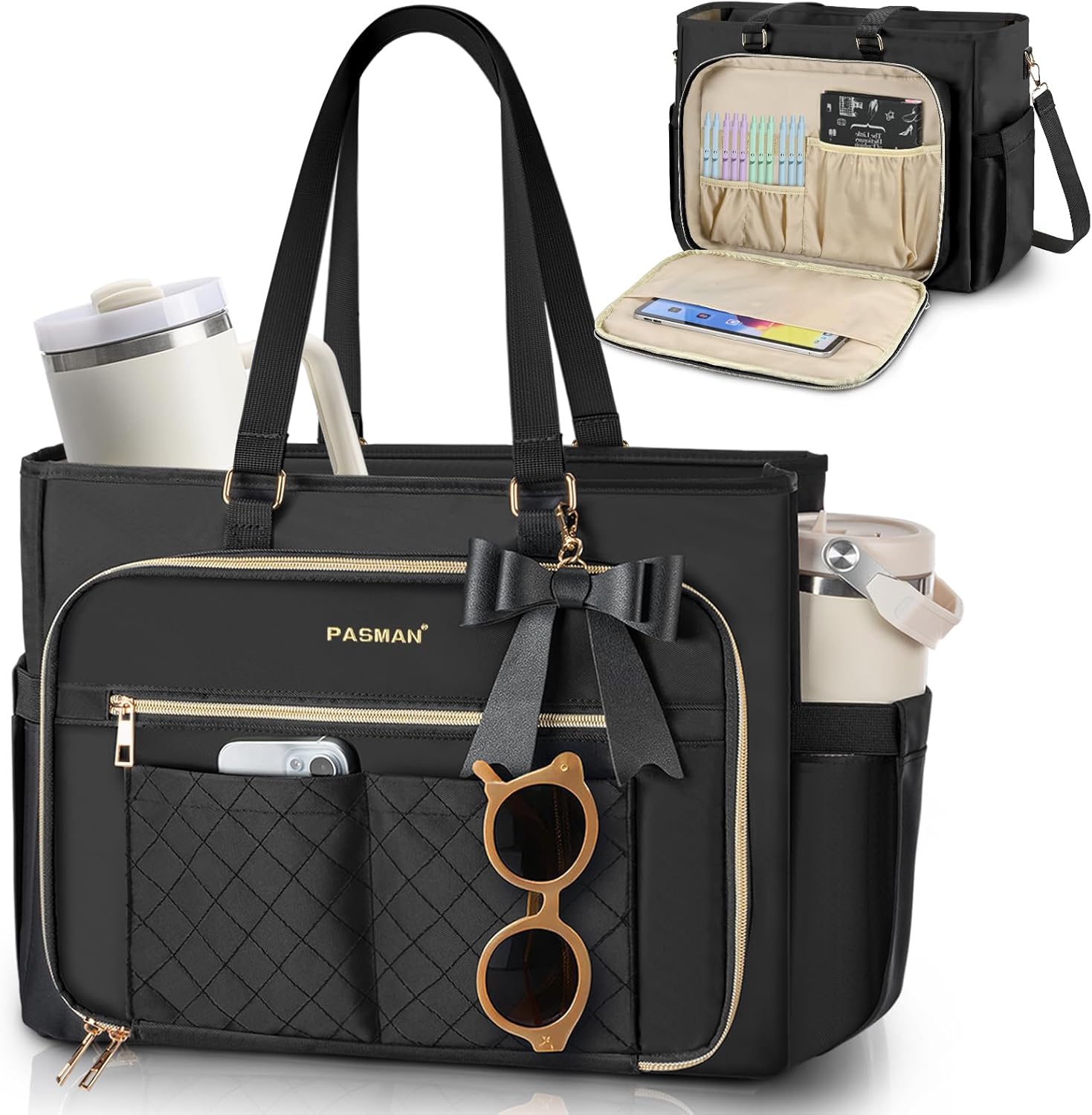 PASMAN teacher tote bag for women front view showing black structured fabric and decorative bow charm.