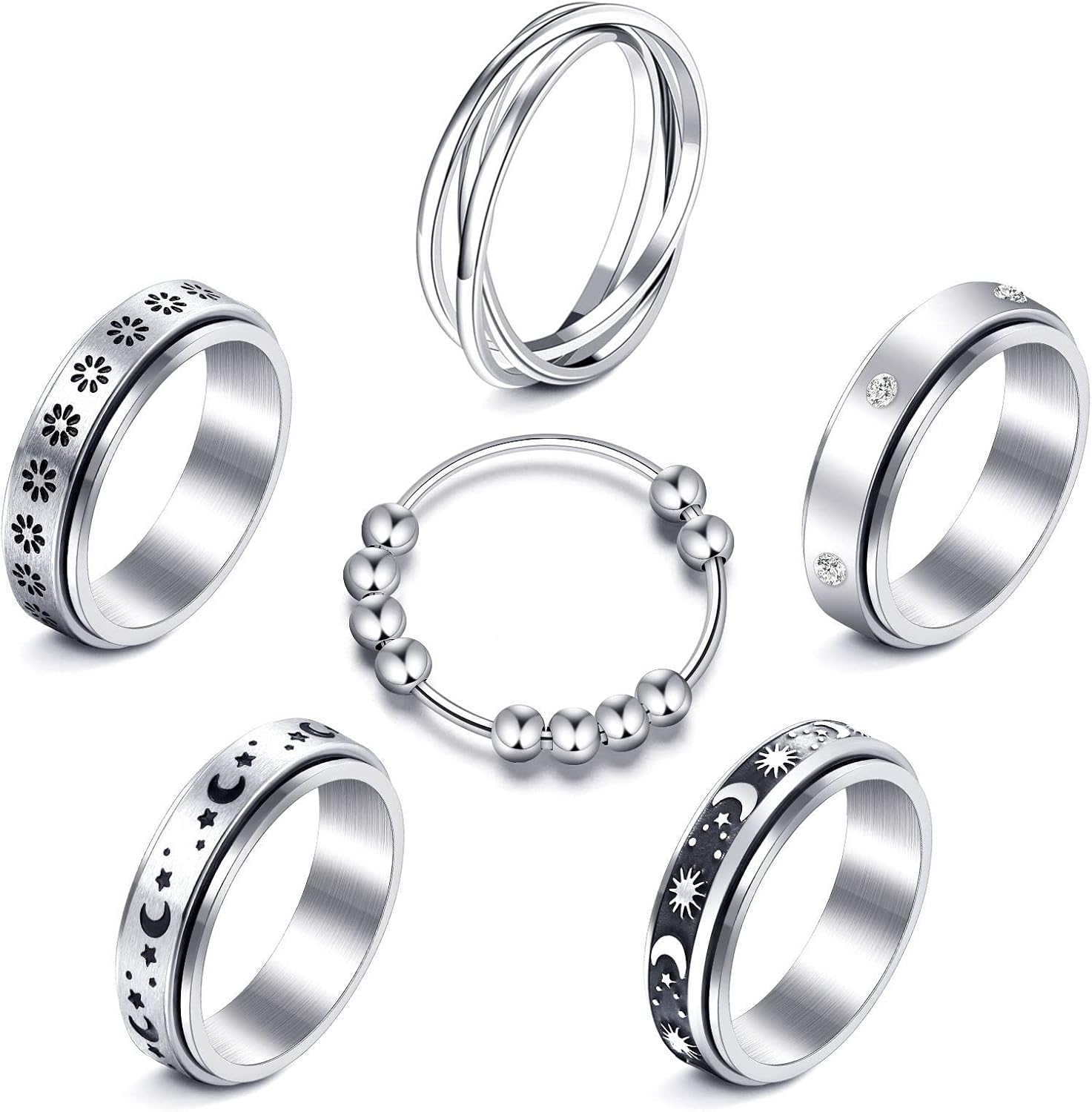 MUCAL fidget rings for anxiety front view displaying full eight piece stainless steel collection.