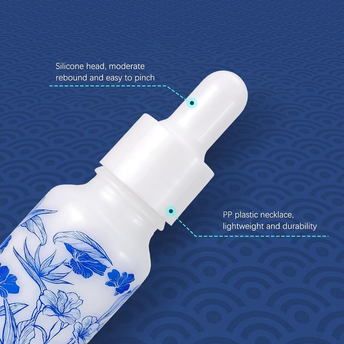Blue and white floral botanical pattern detail on the ceramic bottle body