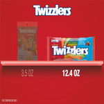 Close-up of the chewy texture of imported American TWIZZLERS Rainbow candy twists