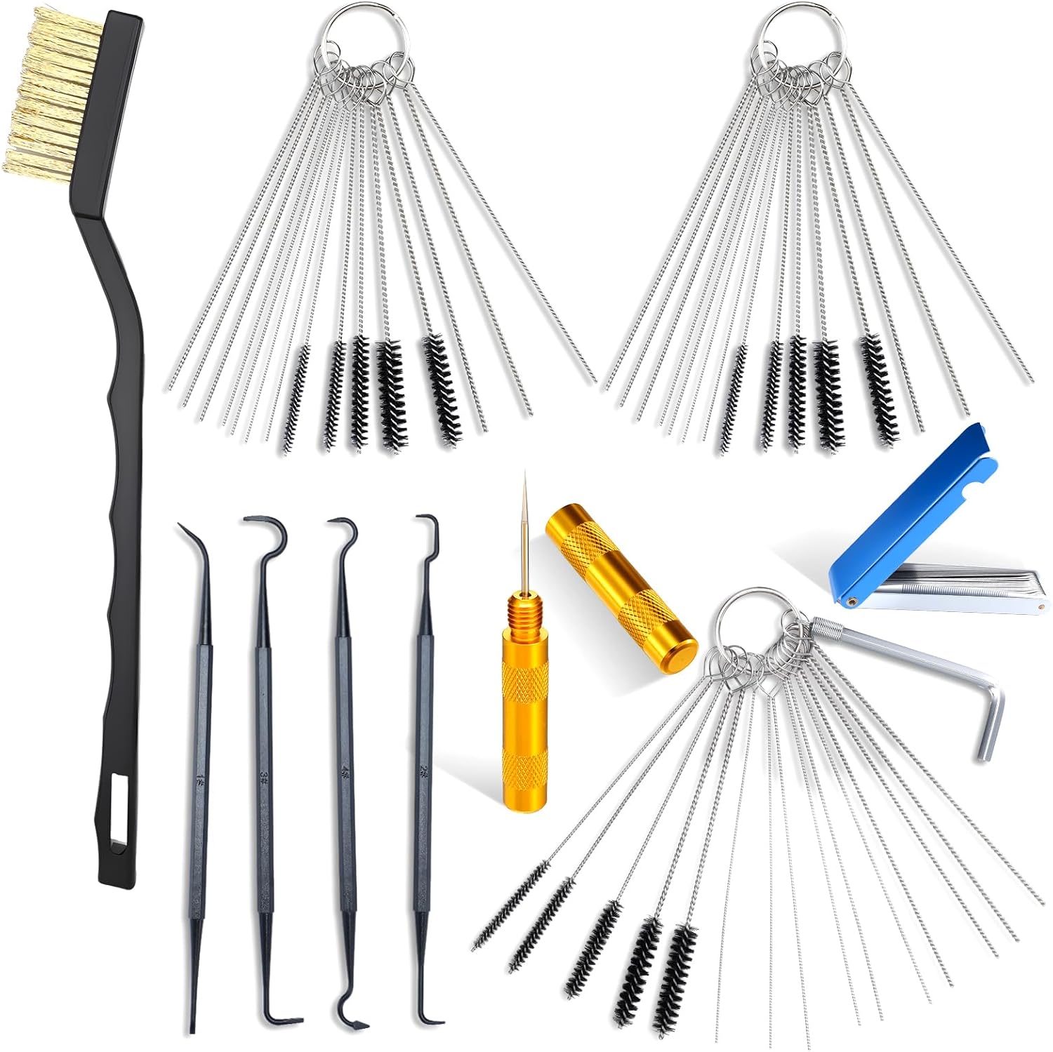 Yiyiring carburetor cleaner kit front view showcasing the complete set of needles and brushes